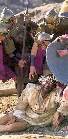 Jesus falls as He tries to make it to the cross.  (Bruce Marchiano in "Matthew.")